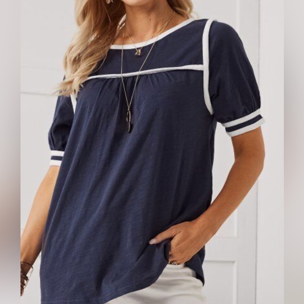 🐝 NWT Suzanne Betro Navy Contrast-Piping Yoke Tunic Size XL - Picture 1 of 6